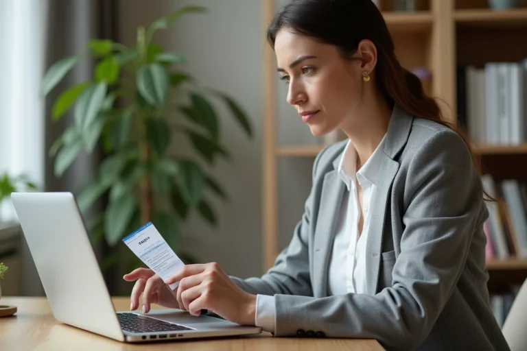 Femme consultant un billet SNCF imprimé tout en modifiant sa réservation sur un ordinateur portable dans un bureau à domicile