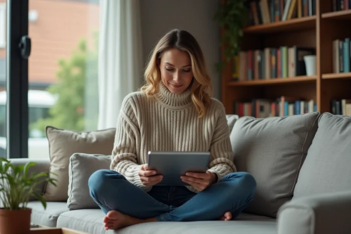 Femme parcourant les rubriques d'un site familial sur une tablette dans un salon confortable