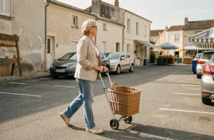 Femme se dirigeant vers le marché de Fort-Mahon depuis un parking proche, avec panier en osier