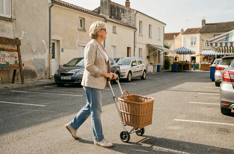 Femme se dirigeant vers le marché de Fort-Mahon depuis un parking proche, avec panier en osier