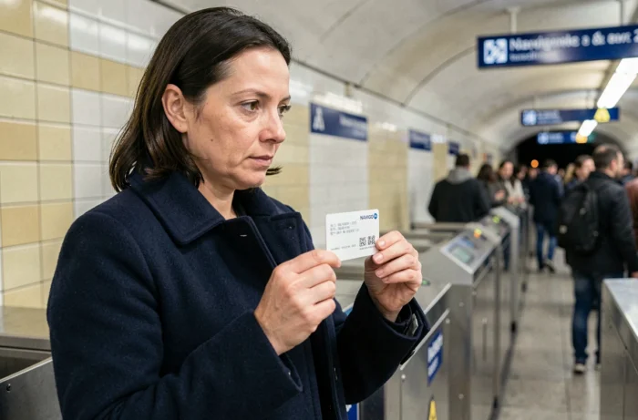 Femme tenant un pass Navigo devant un portillon de métro parisien