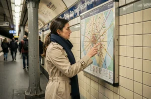 Une femme consulte le plan des zones Navigo affiché sur le quai du métro parisien