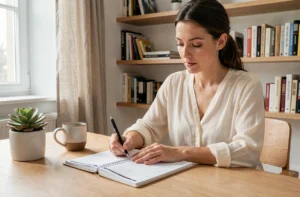 Femme organisée écrivant dans un agenda hebdomadaire structuré à son bureau minimaliste en bois pour planifier une journée productive