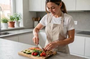 Femme préparant un repas keto équilibré avec avocat, saumon et légumes dans une cuisine moderne