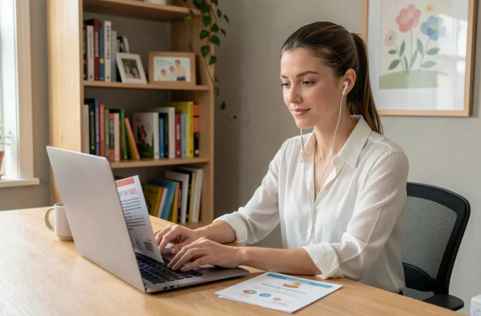 Jeune femme recherchant comment contacter une équipe dédiée à la petite enfance depuis son bureau à domicile