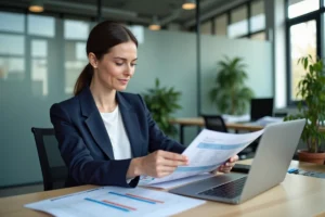 Femme de 34 ans en blazer marine consultant des documents salariaux dans un bureau moderne pour trouver un emploi à 1800 euros net