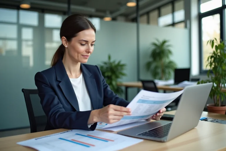 Femme de 34 ans en blazer marine consultant des documents salariaux dans un bureau moderne pour trouver un emploi à 1800 euros net