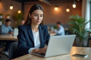 Femme en reconversion professionnelle explorant une plateforme B2B sur son ordinateur dans un espace de coworking moderne