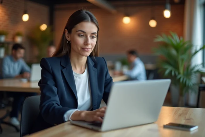 Femme en reconversion professionnelle explorant une plateforme B2B sur son ordinateur dans un espace de coworking moderne