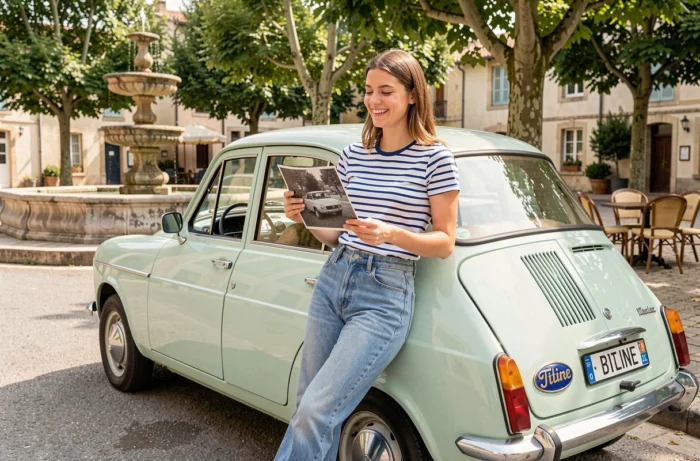 Jeune femme française souriante appuyée contre une Renault Dauphine restaurée des années 1960 portant le surnom Titine sur la plaque arrière