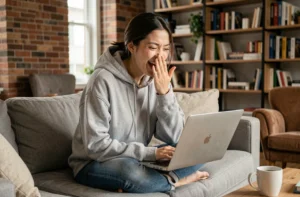 Jeune femme riant devant son ordinateur portable en regardant des vidéos virales insolites sur internet