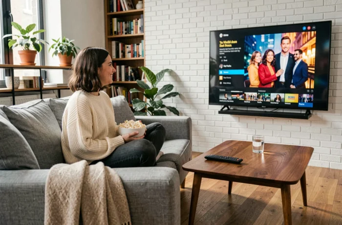 Jeune femme regardant un film en streaming sur sa télévision dans un salon cosy avec du pop-corn
