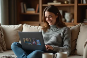 Jeune femme parcourant un catalogue de films en streaming sur son ordinateur portable dans un salon cosy