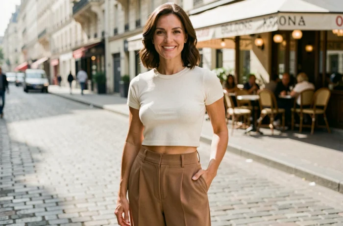 Femme élégante dans la trentaine portant un crop top ivoire avec un pantalon taille haute dans une rue parisienne