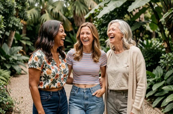 Trois femmes d'âges différents portant des crop tops stylés et souriantes dans un jardin botanique