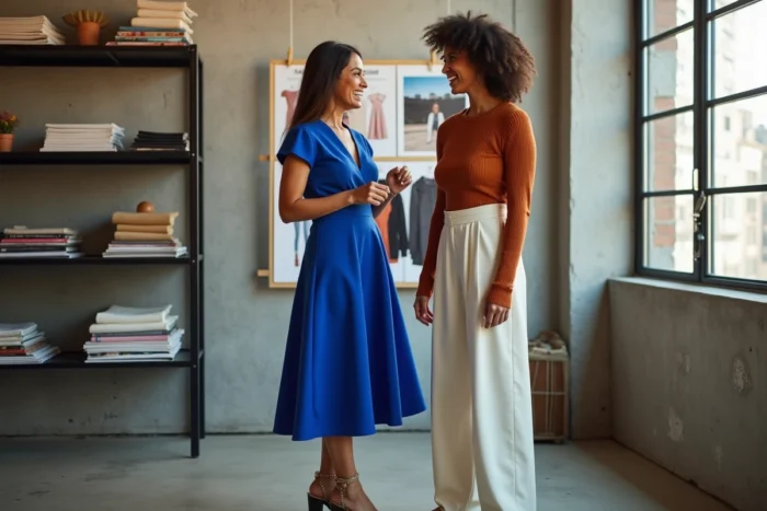 Deux femmes passionnées de mode discutant de tendances vestimentaires dans un atelier urbain moderne