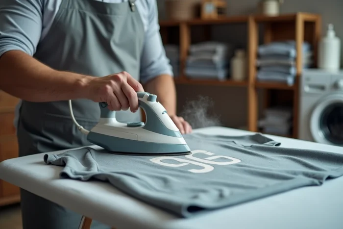 Homme utilisant un fer à repasser et un chiffon humide pour décoller un flocage usé d'un maillot de sport sur une planche à repasser