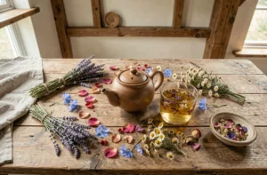 Table rustique en bois avec une théière en céramique entourée de fleurs bio séchées — lavande, rose, camomille et bleuet — pour une pause thé florale et élégante