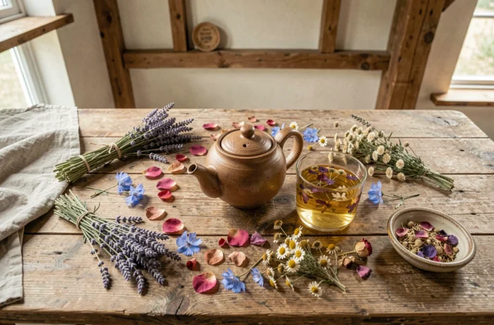 Table rustique en bois avec une théière en céramique entourée de fleurs bio séchées — lavande, rose, camomille et bleuet — pour une pause thé florale et élégante