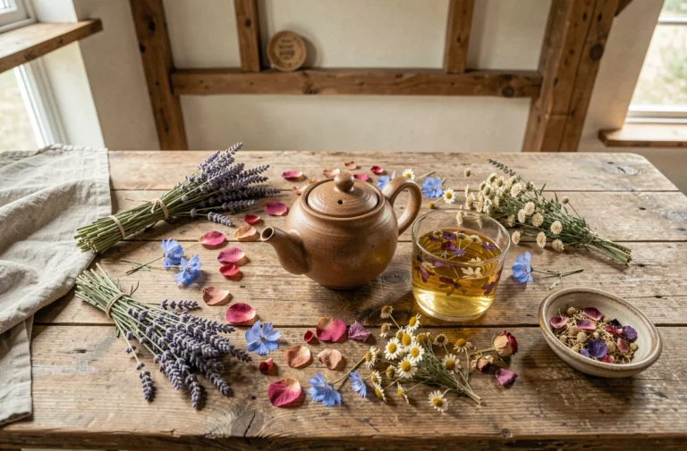 Table rustique en bois avec une théière en céramique entourée de fleurs bio séchées — lavande, rose, camomille et bleuet — pour une pause thé florale et élégante