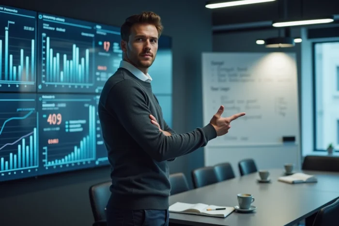 Jeune fondateur de startup fintech présentant des graphiques de portefeuille d'investissement sur un grand écran lors d'une réunion en salle de conférence moderne