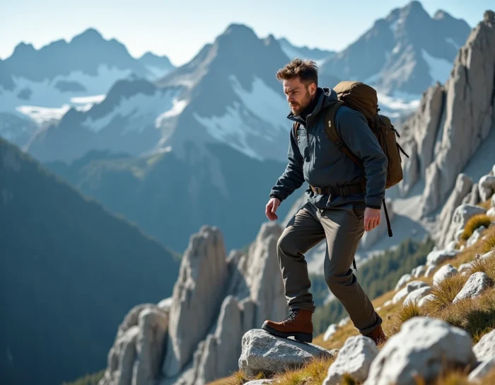 Un randonneur traversant une crête alpine rocailleuse du Grand Caucase géorgien, avec une tour médiévale en arrière-plan