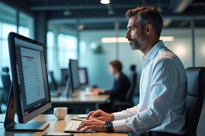 Homme gérant des documents sécurisés en ligne sur un écran d'ordinateur dans un bureau professionnel moderne