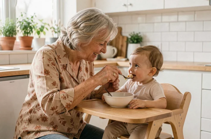 Grand-mère donnant à manger à son petit-enfant dans une cuisine lumineuse et naturelle