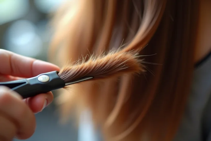 Gros plan sur des pointes de cheveux effilés tenus entre les doigts d'une coiffeuse pour montrer la texture et le dégradé