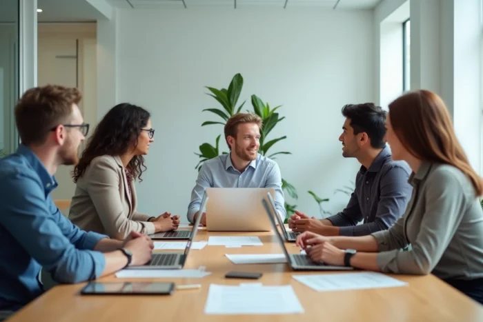 Groupe de professionnels en reconversion discutant autour d'une plateforme B2B de recrutement de talents lors d'une réunion collaborative