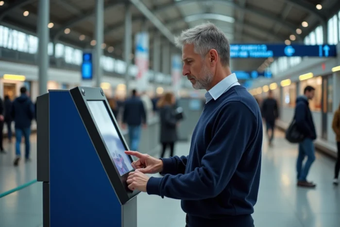 Homme utilisant une borne SNCF en gare pour modifier le nom sur un billet de train