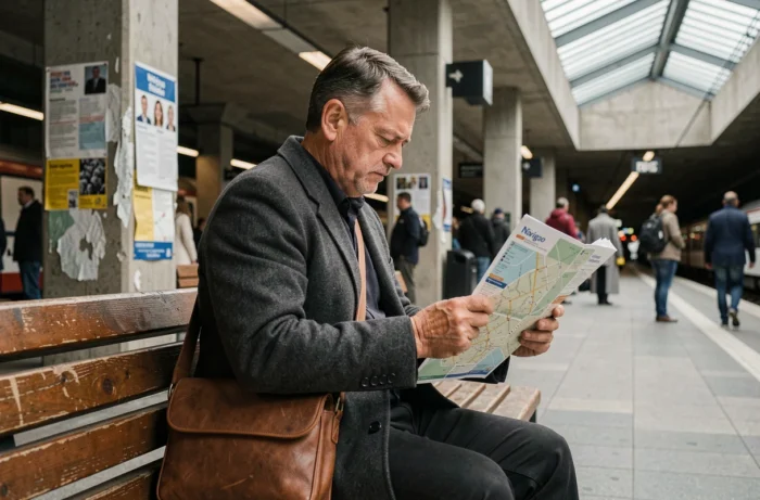 Un homme assis en gare RER lit attentivement un plan papier des zones Navigo