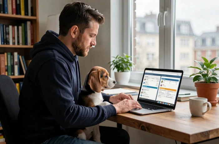 Homme comparant des assurances pour animaux sur un ordinateur portable avec son chiot beagle dans un bureau à domicile