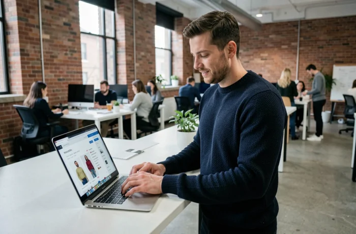 Homme configurant une boutique en ligne sur ordinateur portable dans un espace de co-working au design industriel