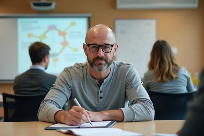 Homme de 41 ans prenant des notes dans un centre de formation professionnelle pour se reconvertir vers un métier payé 1800 euros net par mois