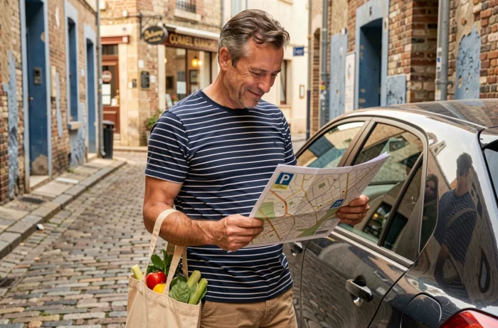 Homme consultant un plan de stationnement dans une ruelle près du marché de Fort-Mahon