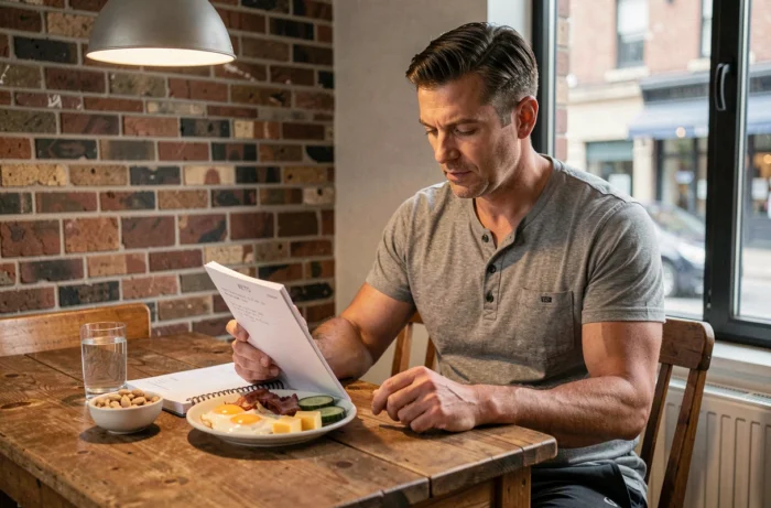 Homme planifiant son régime keto avec un carnet de repas et des aliments riches en graisses saines sur une table en bois