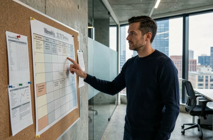 Homme professionnel analysant un planning hebdomadaire imprimé sur un tableau en liège dans un bureau moderne en open space