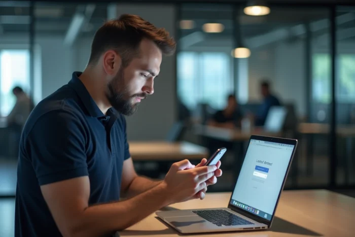 Homme perplexe tentant de se connecter à un service en ligne depuis son téléphone et son ordinateur au bureau