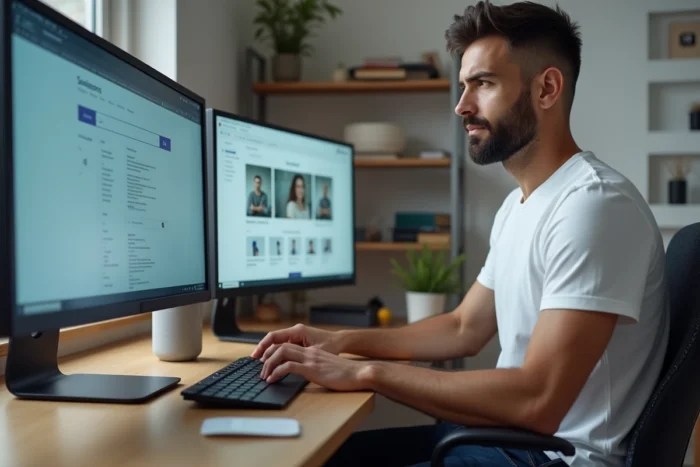 Homme recherchant des alternatives de streaming de films sur un ordinateur de bureau dans un bureau à domicile moderne