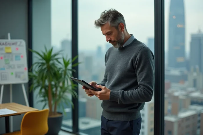 Homme en reconversion professionnelle consultant un tableau de bord de recrutement B2B sur une tablette dans un bureau moderne avec vue sur la ville