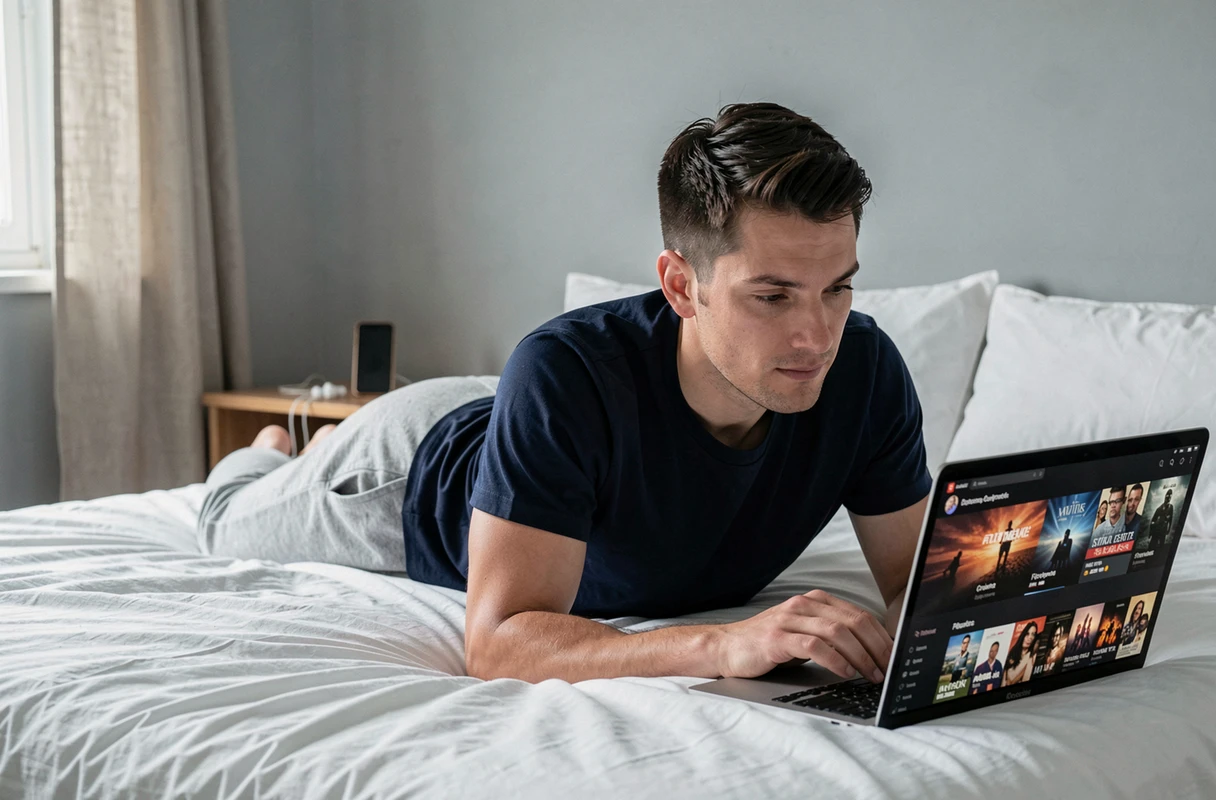 Homme allongé sur son lit regardant une série en streaming sur un ordinateur portable