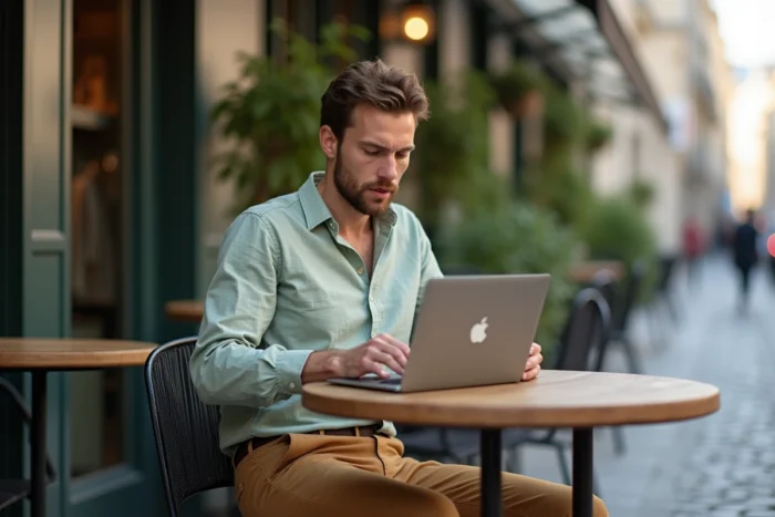 Homme stylé consultant des tendances mode en ligne depuis une terrasse de café parisien