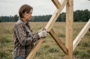 Femme examinant la structure en bois d'une kerterre inachevée dans un champ, illustrant les défis techniques de la construction