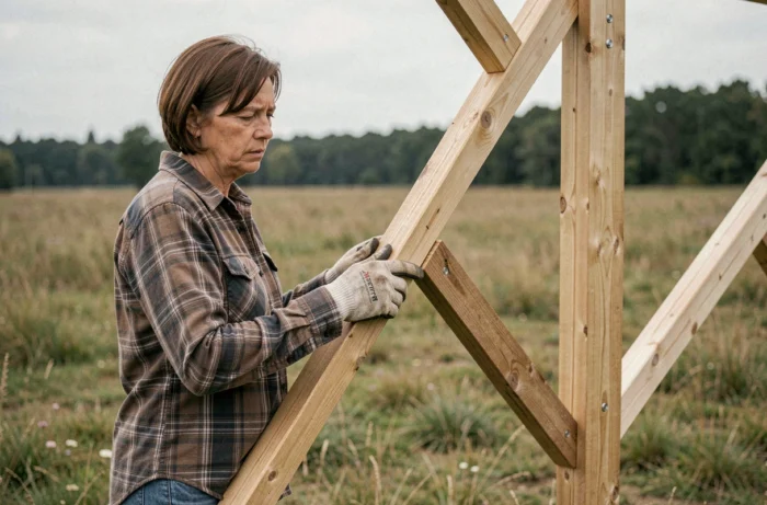 Femme examinant la structure en bois d'une kerterre inachevée dans un champ, illustrant les défis techniques de la construction