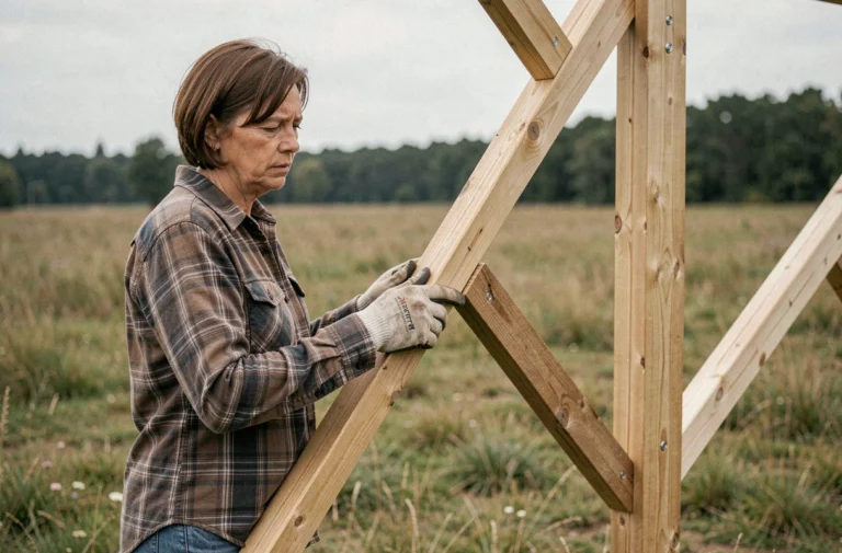 Femme examinant la structure en bois d'une kerterre inachevée dans un champ, illustrant les défis techniques de la construction