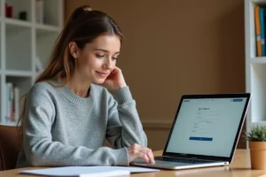 Jeune femme remplissant un formulaire d'inscription en ligne sur un ordinateur portable pour intégrer un GRETA via Netypareo