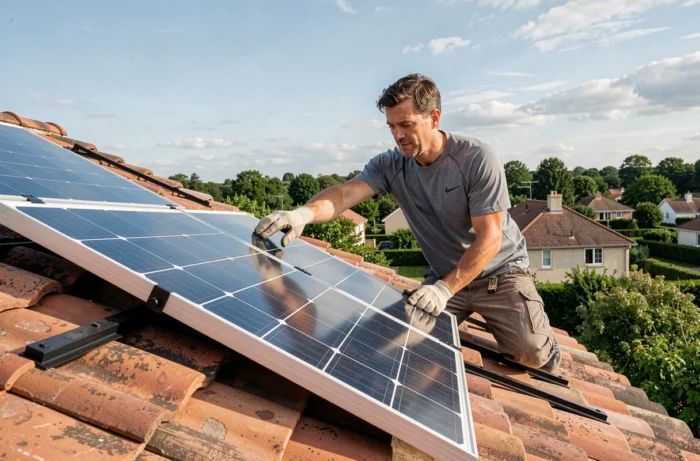 Homme installant des panneaux solaires sur un toit de maison individuelle avec un paysage suburbain verdoyant en arrière-plan