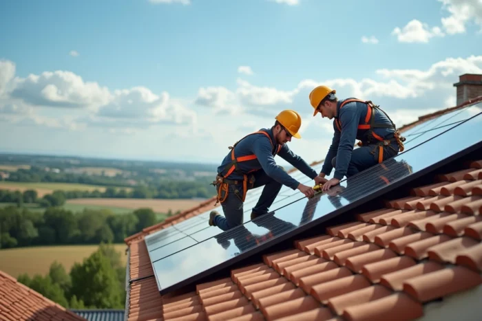 Techniciens installant des panneaux solaires photovoltaïques sur le toit d'une maison de campagne française lors d'une rénovation énergétique
