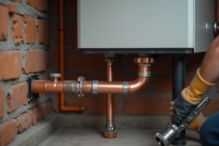 Gros plan sur le raccordement de tuyauterie lors de l'installation d'une nouvelle chaudière gaz en sous-sol